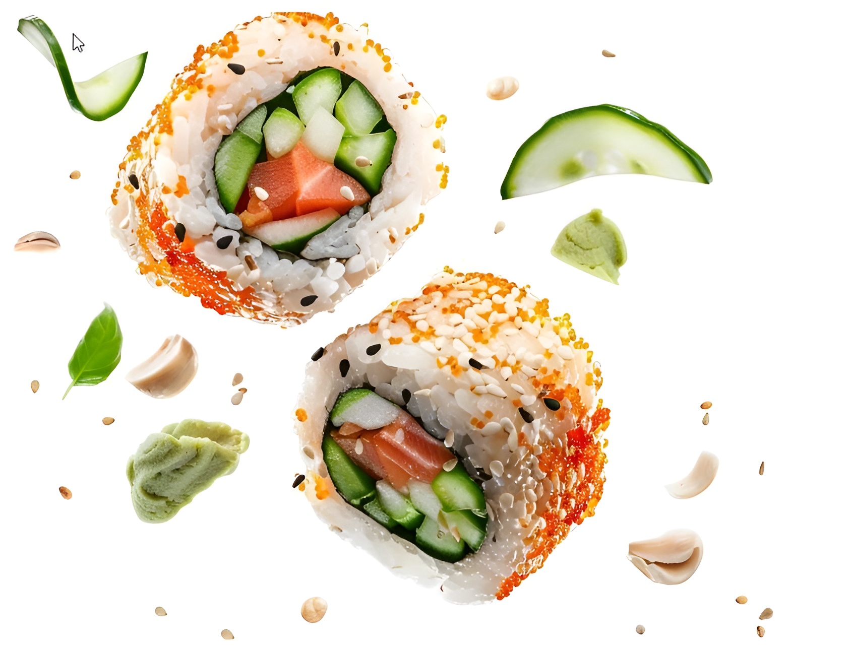 Роллы с лососем, огурцом и икрой
